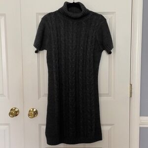 Gray Cable‎ Knit Turtleneck Preppy Weekend Sweater Dress – Short Sleeve | Small